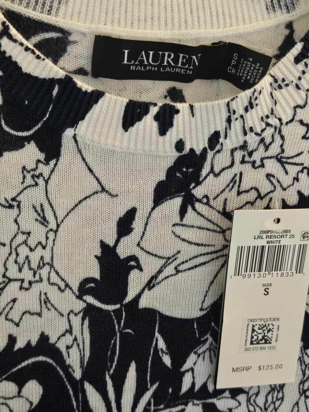 Lauren Ralph Lauren White and Navy Floral Crewneck Sweater